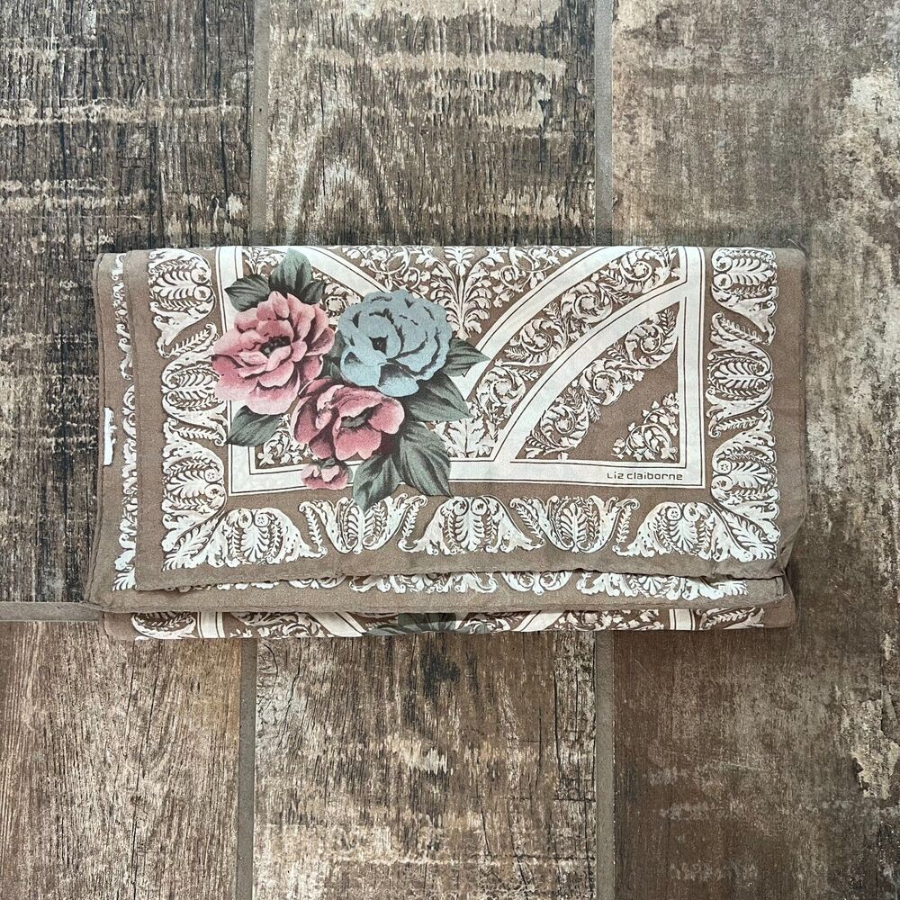 Tan Floral Head Neck Scarf 11"x50" Vintage Liz Claiborne